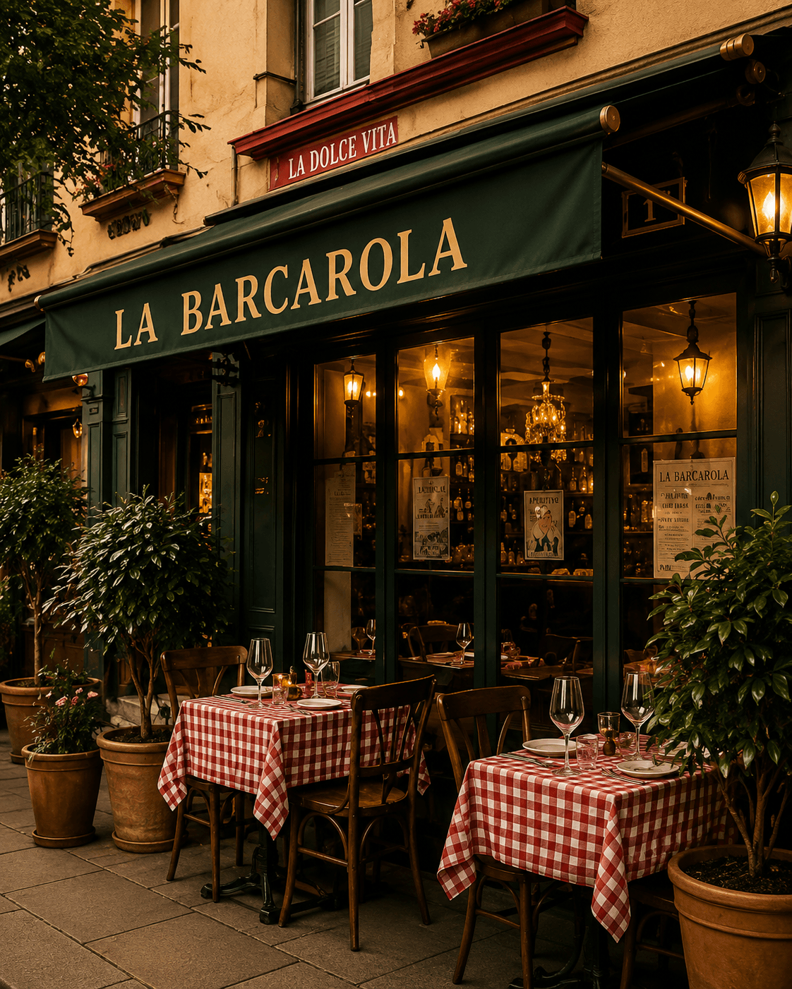 La façade verte et la terrasse de La Barcarola au crépuscule, tables à nappes vichy