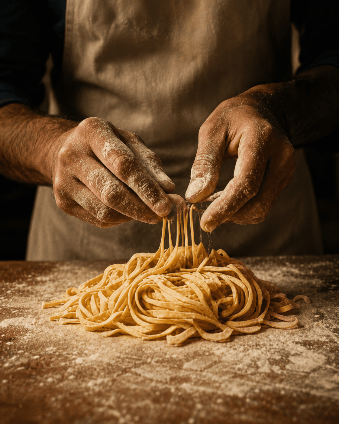 Les mains du chef façonnant les pâtes fraîches maison